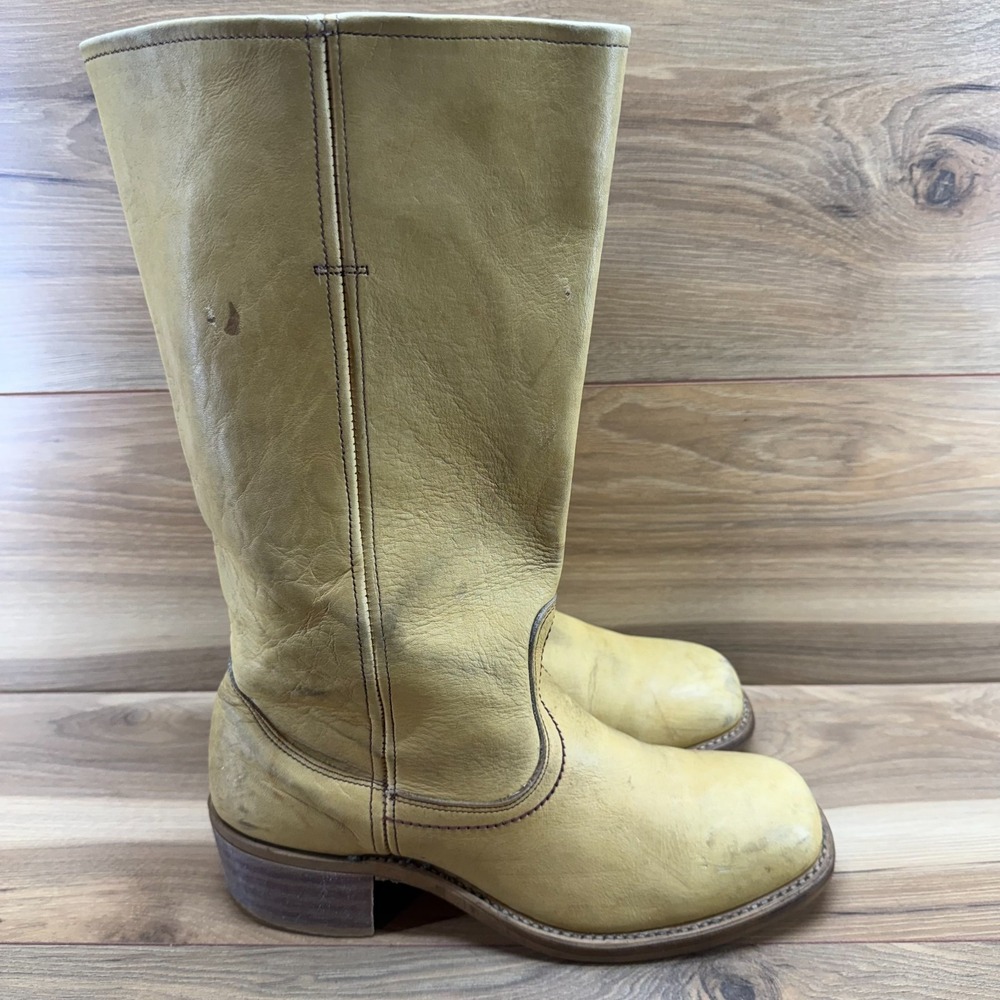 Vintage Campus Boots Banana Yellow Tan Leather Mens 10 D Stacked Heel Pull On